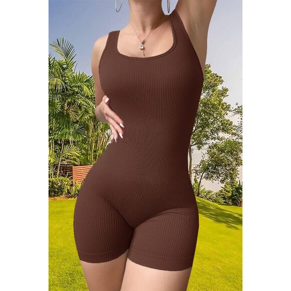 🆕 Women Brown Workout Unitard Bodysuit Seamless Yoga Ribbed Active Romper Sexy - Picture 3 of 7